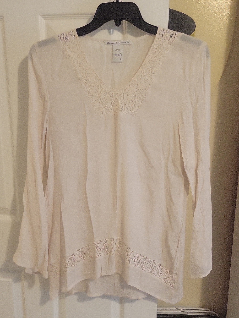 American Rag SzLg Sheer Lace-Trim V-Neck Long Sleeve Tunic - Cream